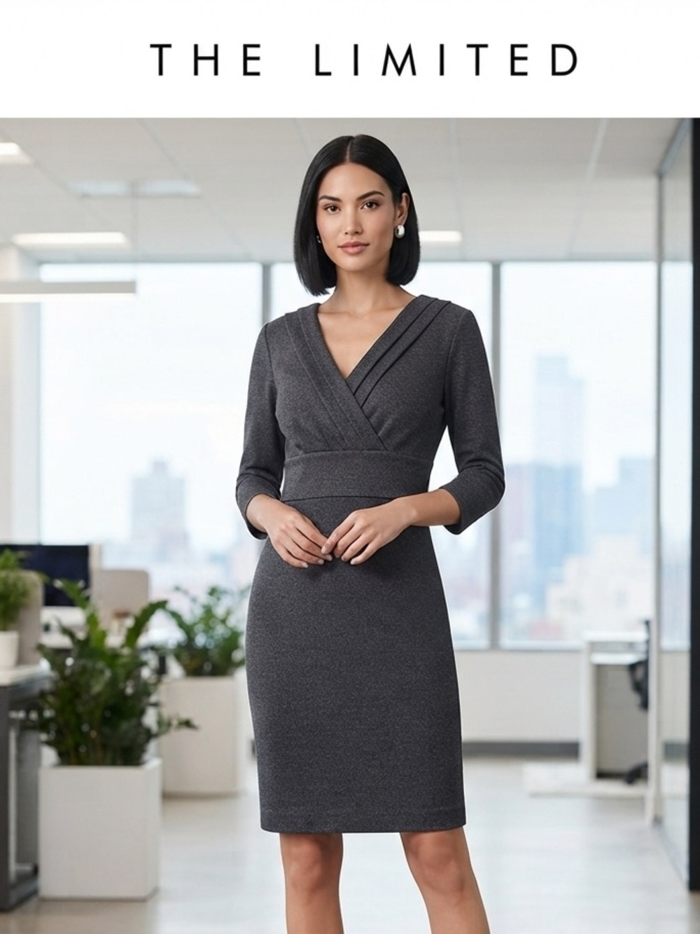 The Limited Charcoal Gray V-Neck 3/5 Sleeves Dress